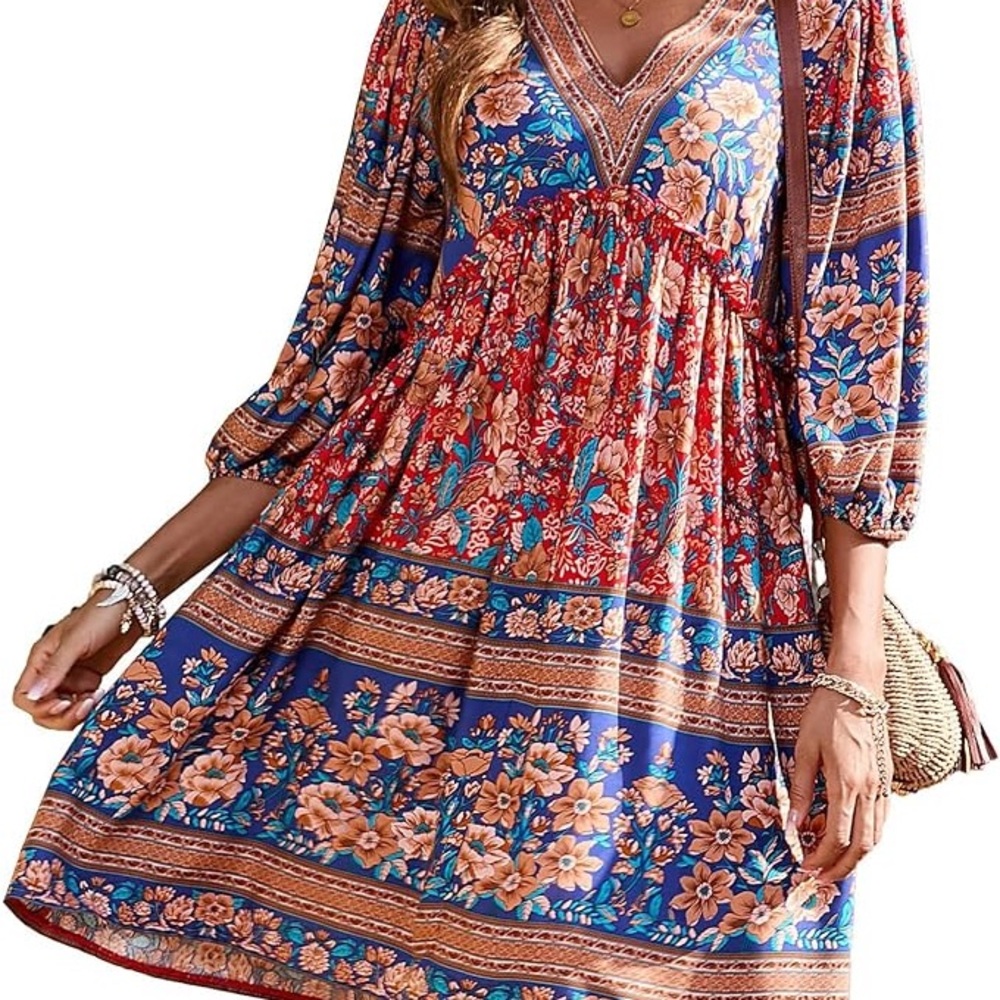 BTFBM Red and Blue V-Neck Sundress with 3/4 Sleeves - SIZE: XL